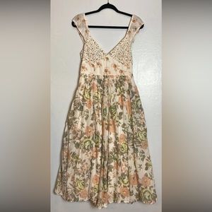 Free People Ivory Floral Love You Midi Dress sz S Smocked Back Peasant A-Line